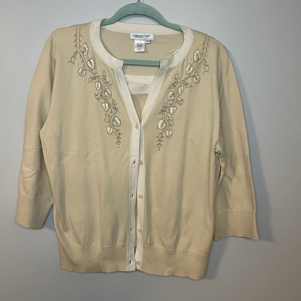 Coldwater Creek Cardigan Sweater Set Women L Beige Embroidered‎ Floral